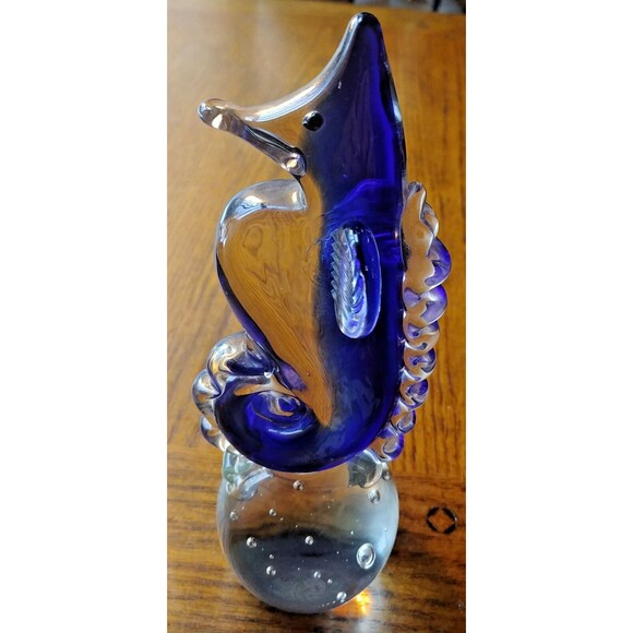 Paperweight vintage blown Art Glass Blue Seahorse - Picture 2 of 8